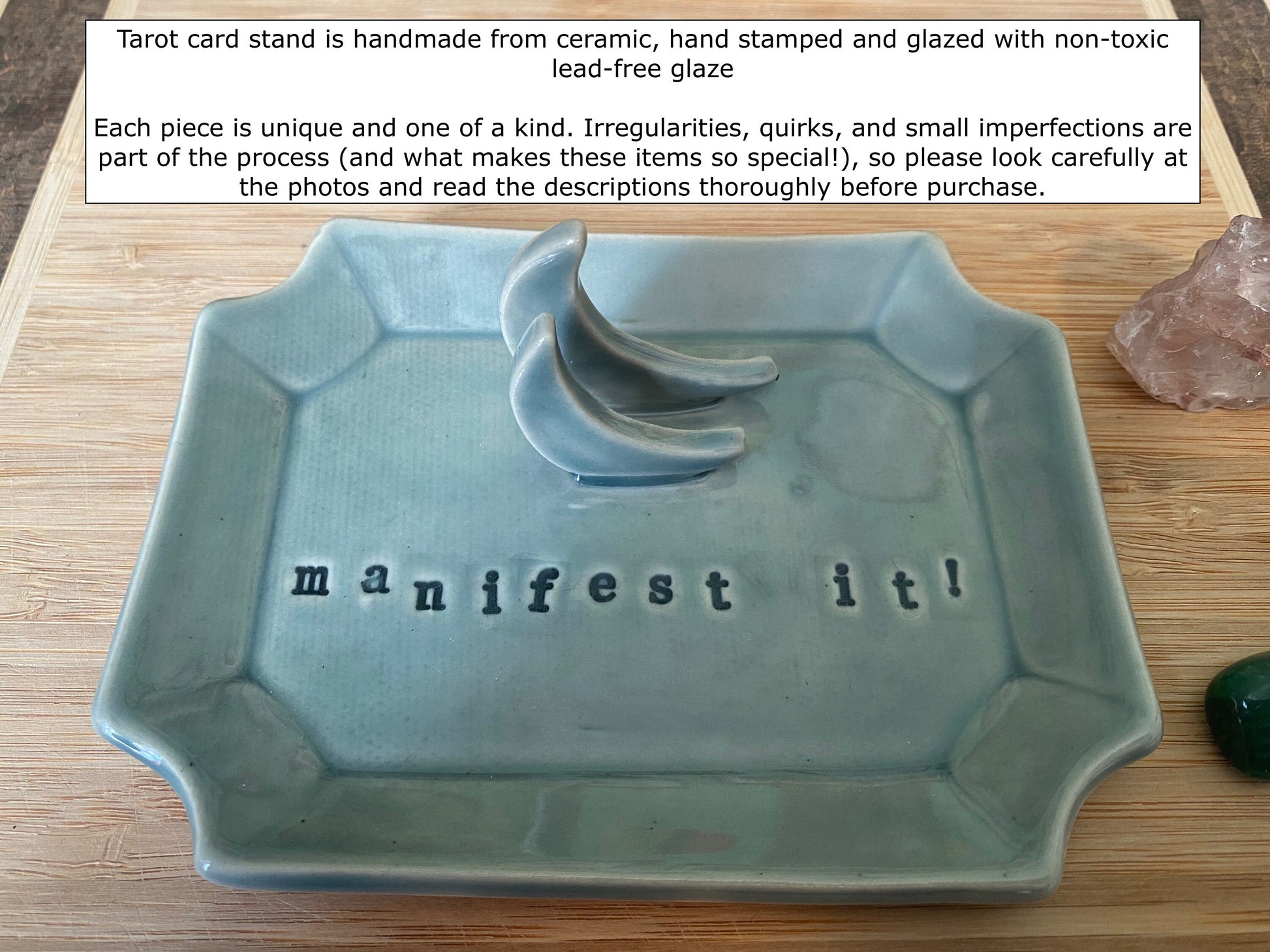 Handmade ceramic Manifest it! crescent moon tarot card holder stand for daily oracle card / one card draw. Witchy manifestation altar decor