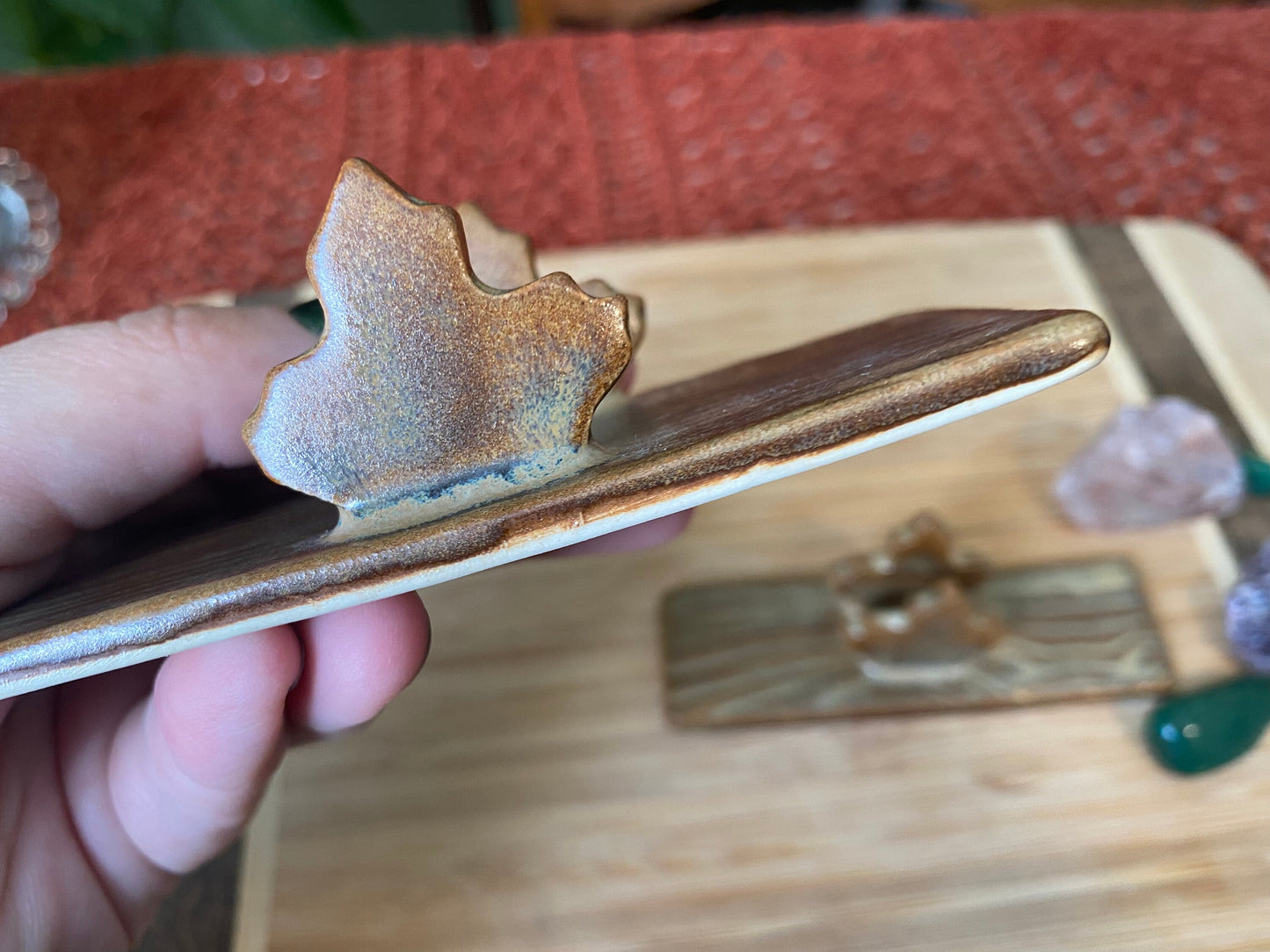 Handmade ceramic leaves tarot holder set- includes tarot stand for card of the day & tarot deck holder. Autumn forest witch altar decor gift