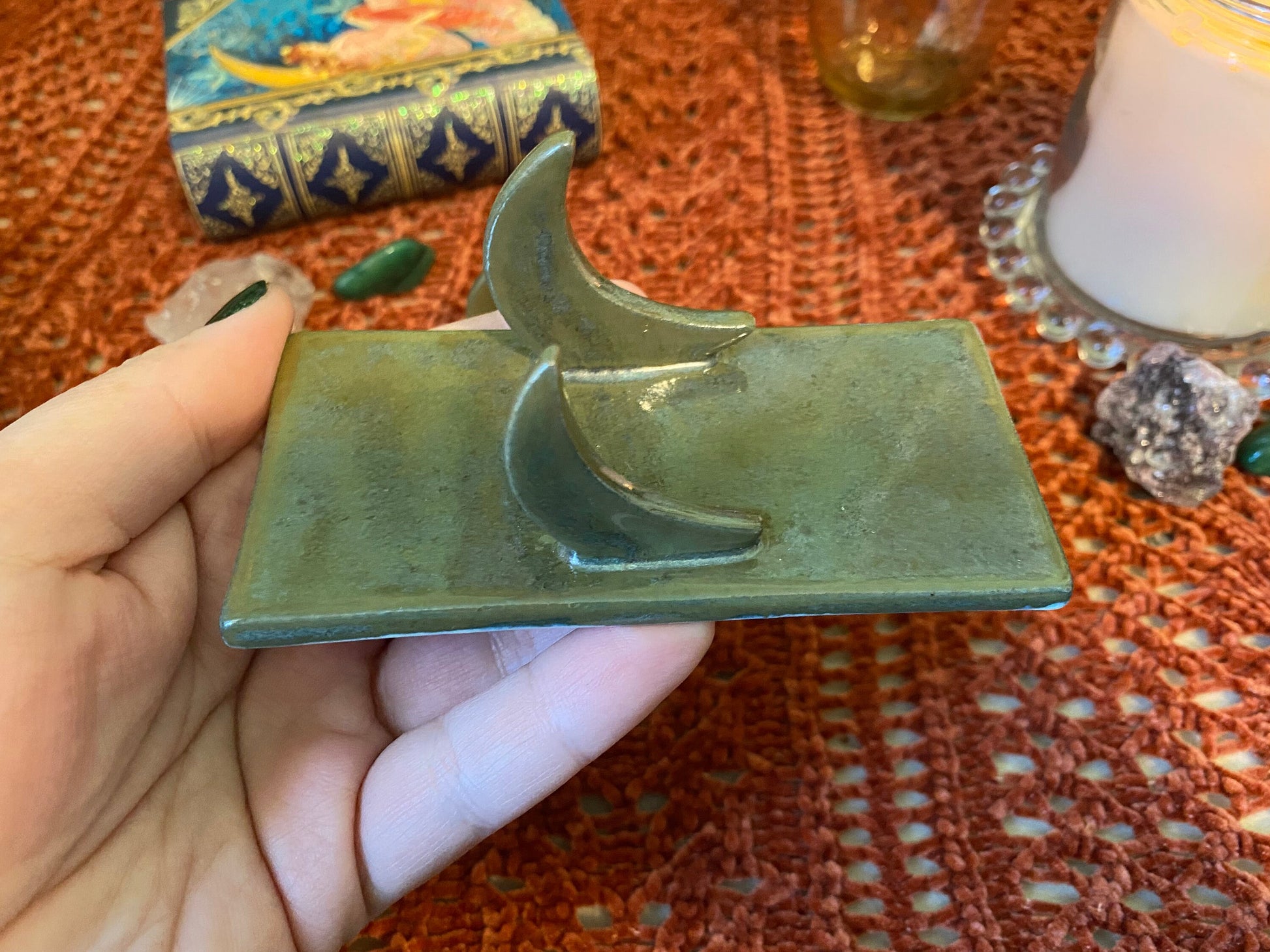 Handmade ceramic crescent moon tarot holder set- includes tarot stand for card of the day & tarot deck holder. Lunar witch altar decor gift