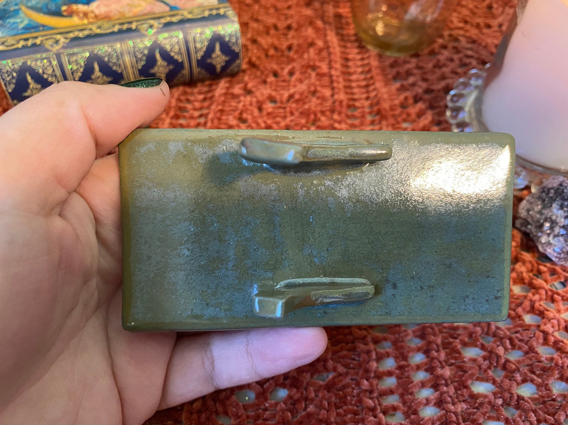 Handmade ceramic crescent moon tarot holder set- includes tarot stand for card of the day & tarot deck holder. Lunar witch altar decor gift