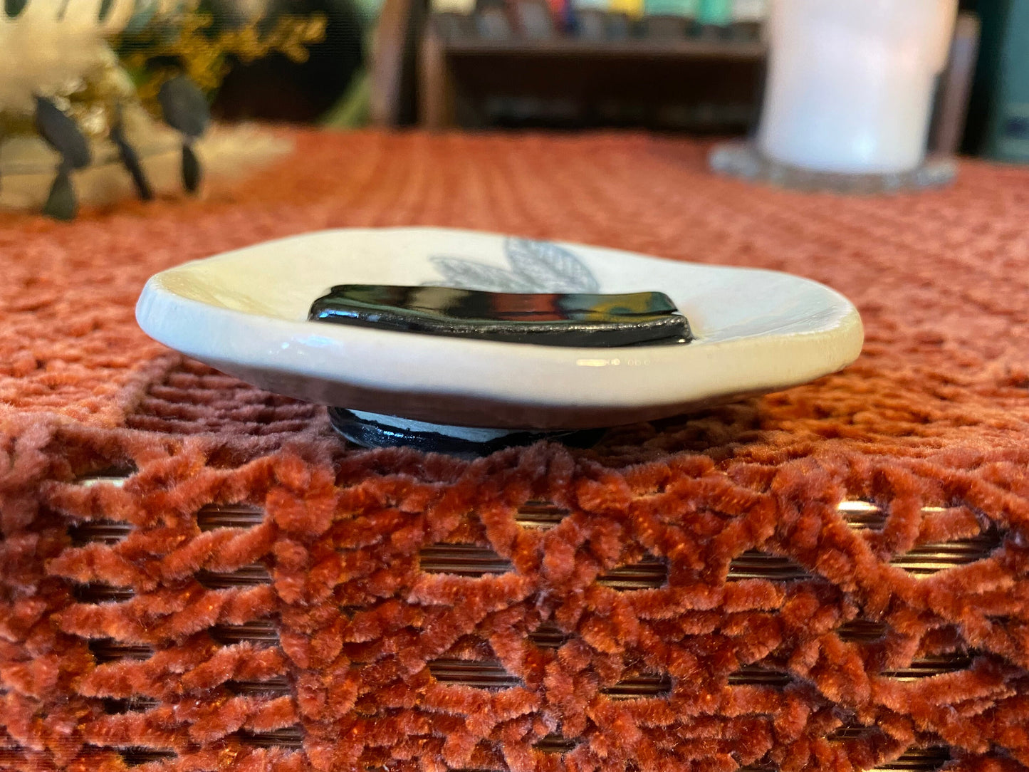 Handmade ceramic coffin trinket dish with sage herb design. Black white gothic ring dish. Witchcore home decor. Ancestor altar offering dish