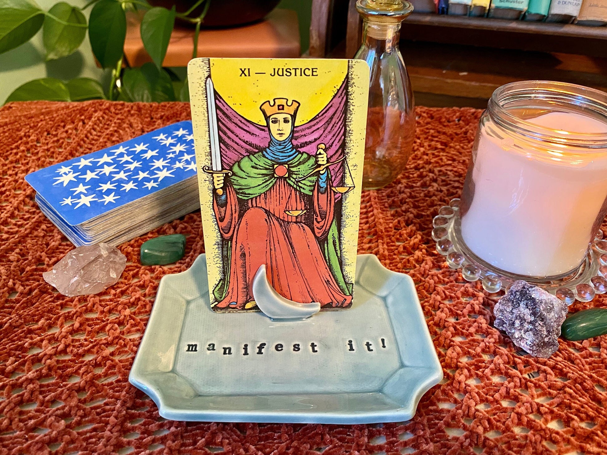 Handmade ceramic Manifest it! crescent moon tarot card holder stand for daily oracle card / one card draw. Witchy manifestation altar decor