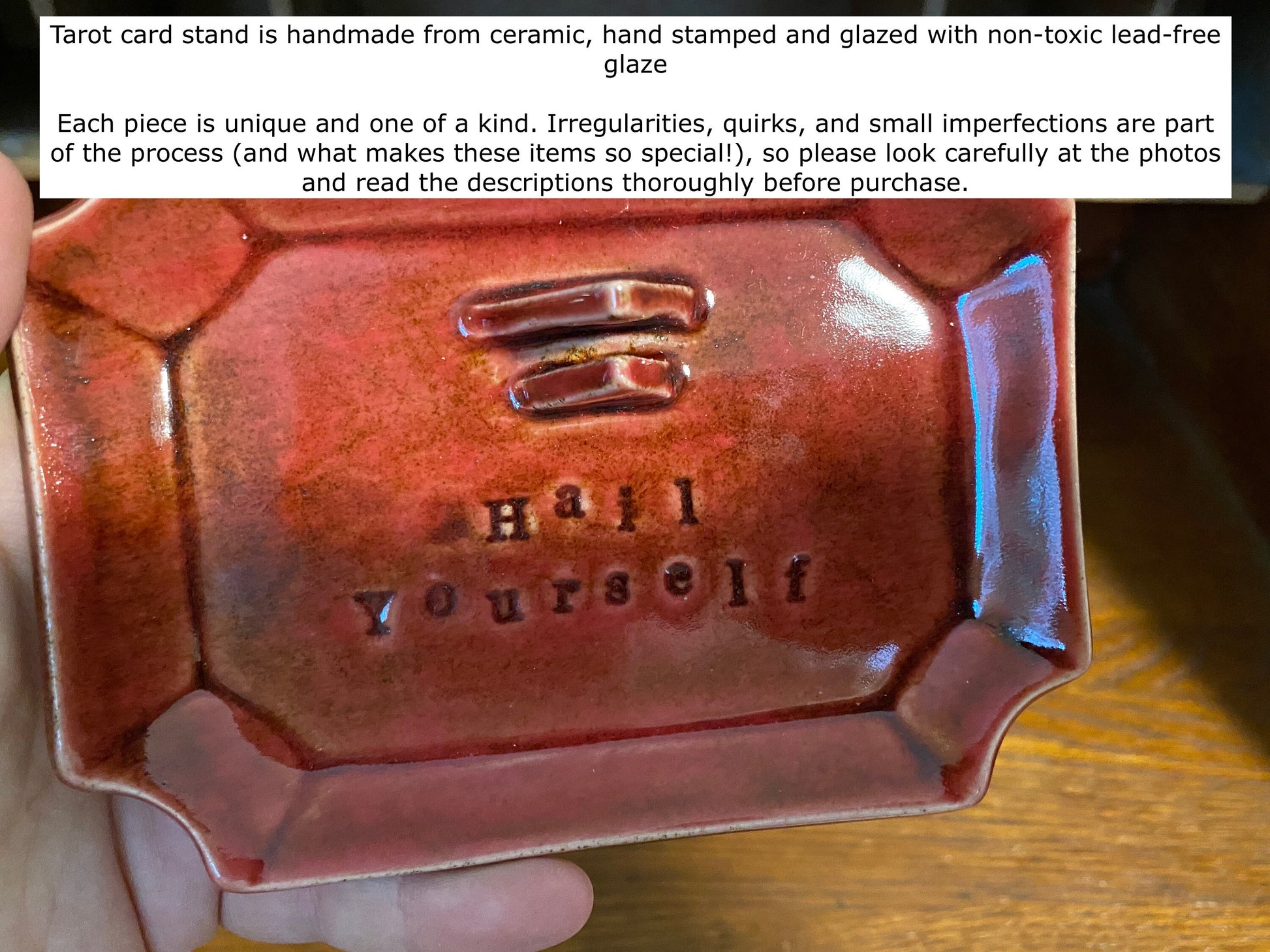 Handmade ceramic Hail Yourself tarot card holder stand for daily oracle card or tarot one card draws. Witchy divination altar decor.