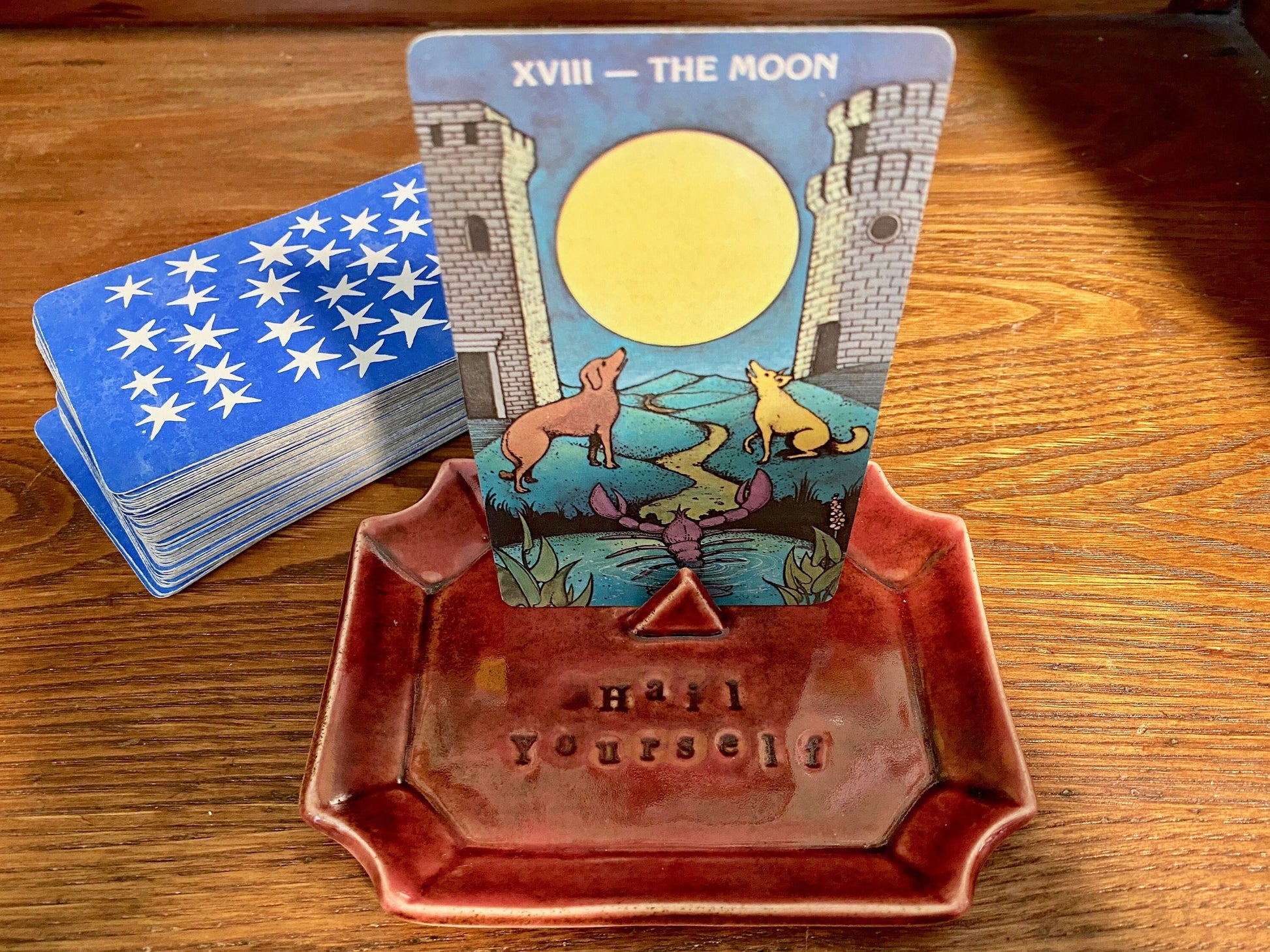 Handmade ceramic Hail Yourself tarot card holder stand for daily oracle card or tarot one card draws. Witchy divination altar decor.