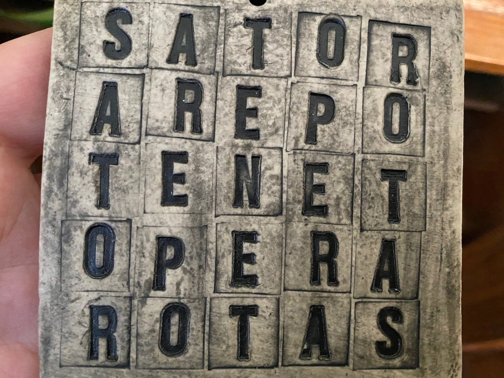 Sator square hanging tile. Handmade ceramic protective magical talisman charm against evil, bad luck. Folk witch home protection ward