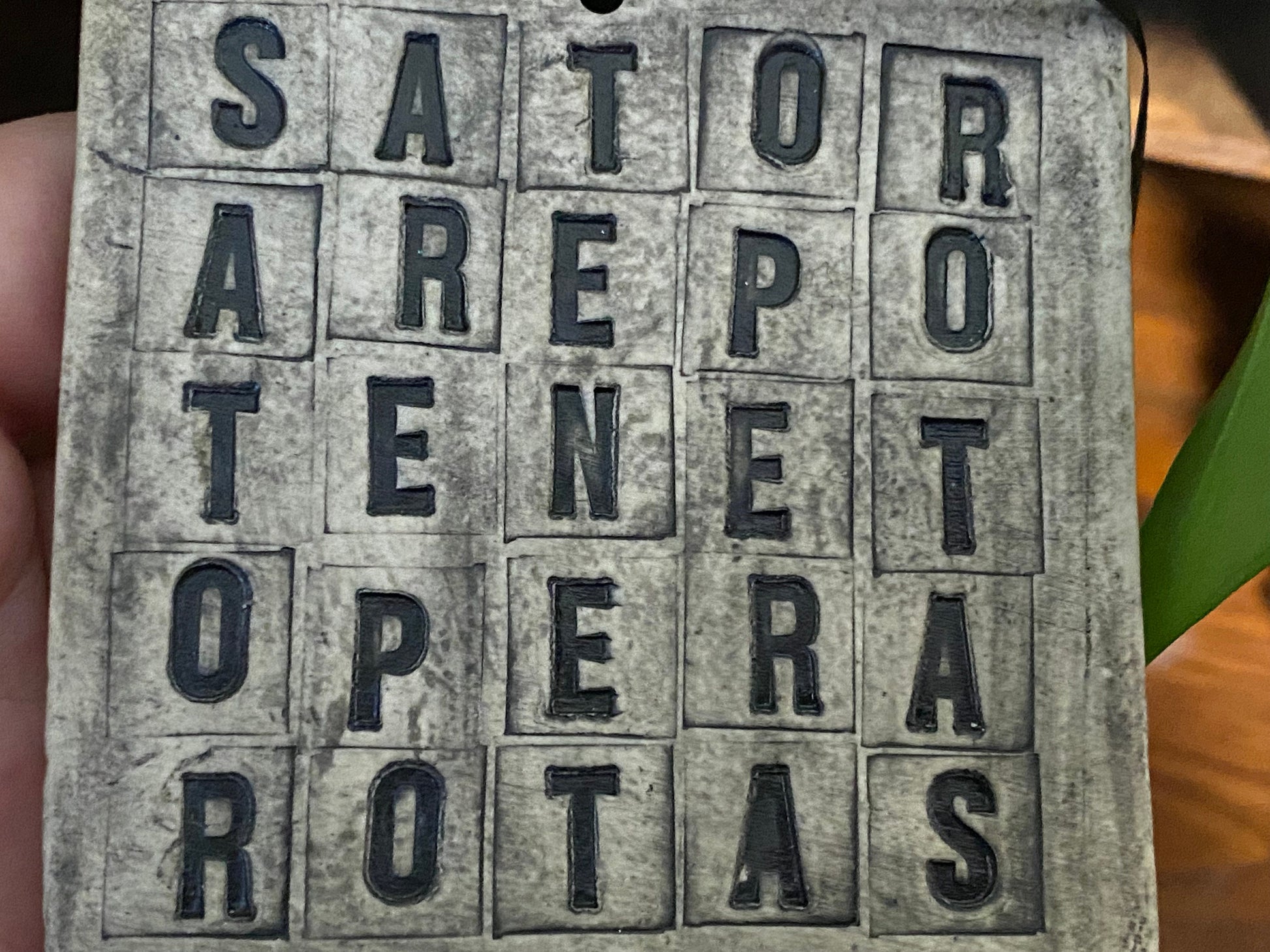 Sator square hanging tile. Handmade ceramic protective magical talisman charm against evil, bad luck. Folk witch home protection ward