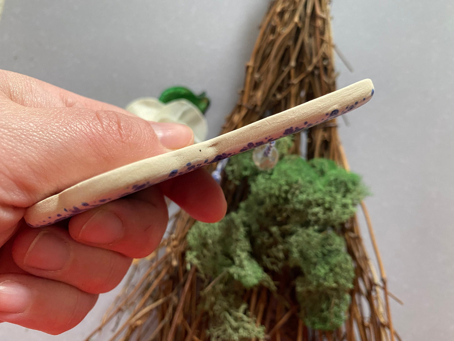 Handmade ceramic rabbit ornament. Ostara decoration. Easter bunny ornament. Blue white speckled Easter wall hanging. Year of the Rabbit gift