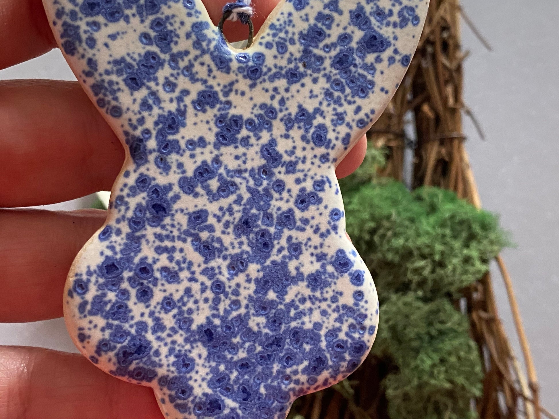 Handmade ceramic rabbit ornament. Ostara decoration. Easter bunny ornament. Blue white speckled Easter wall hanging. Year of the Rabbit gift