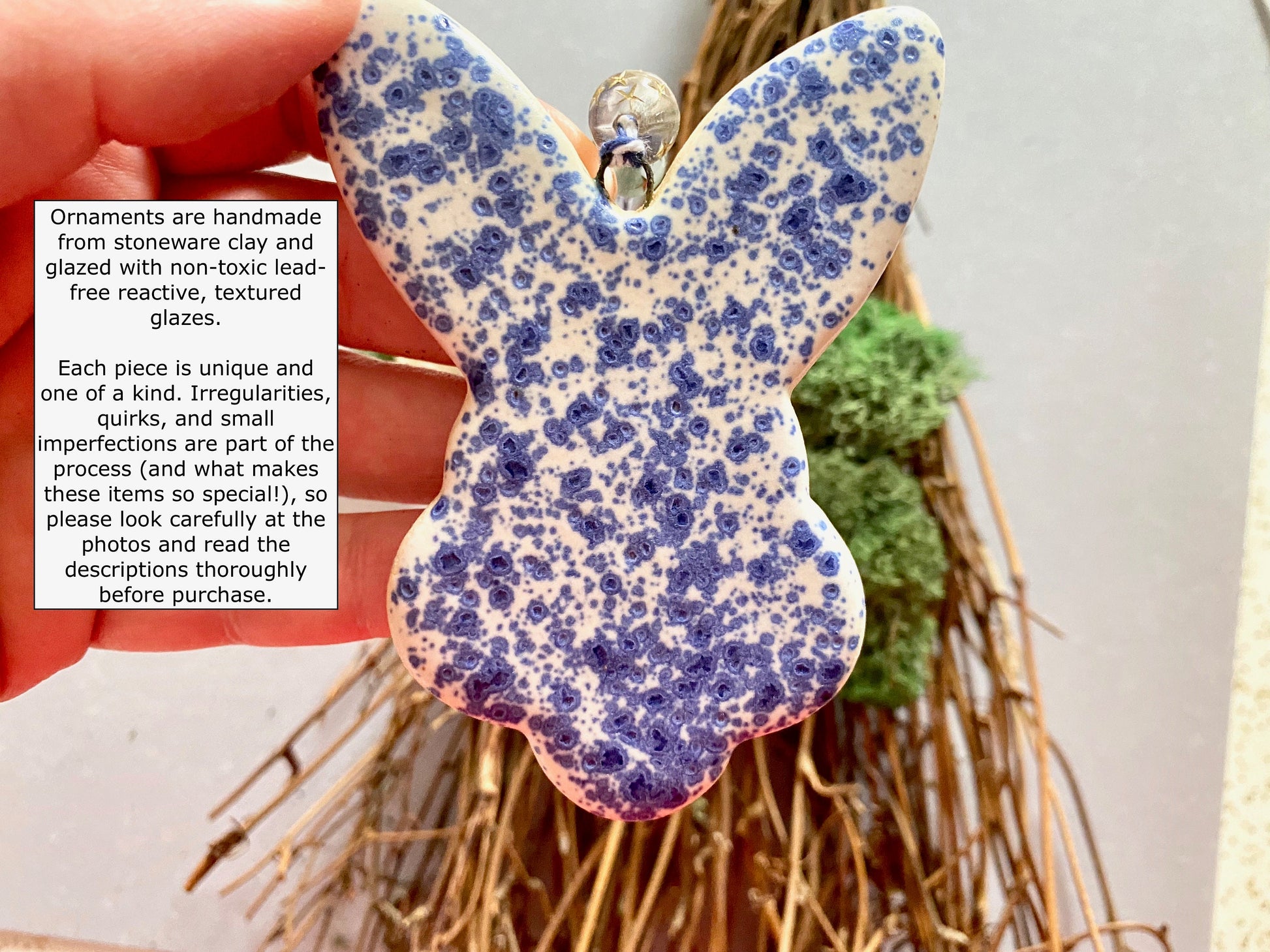 Handmade ceramic rabbit ornament. Ostara decoration. Easter bunny ornament. Blue white speckled Easter wall hanging. Year of the Rabbit gift