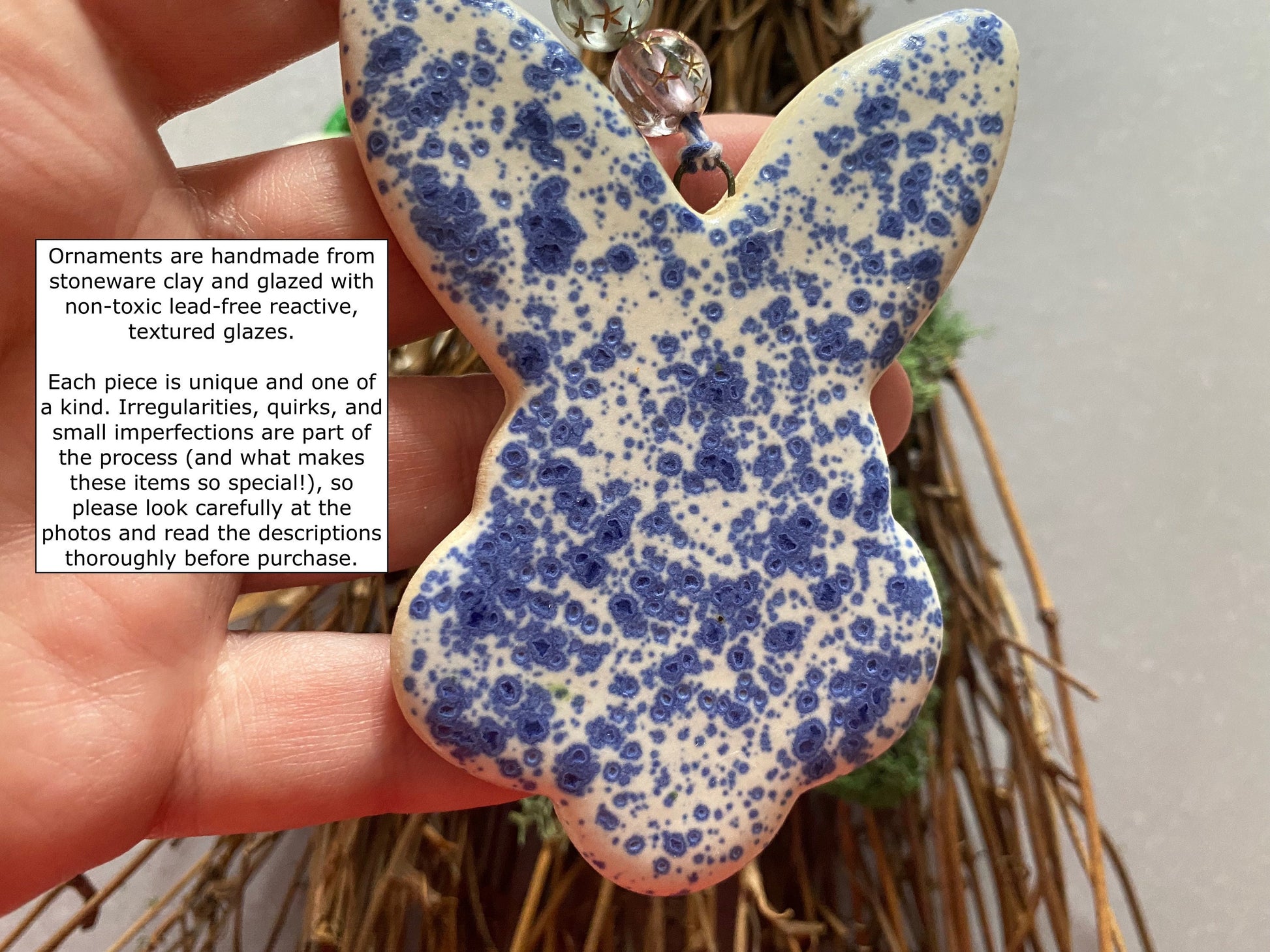 Handmade ceramic rabbit ornament. Ostara decoration. Easter bunny ornament. Blue white speckled Easter wall hanging. Year of the Rabbit gift