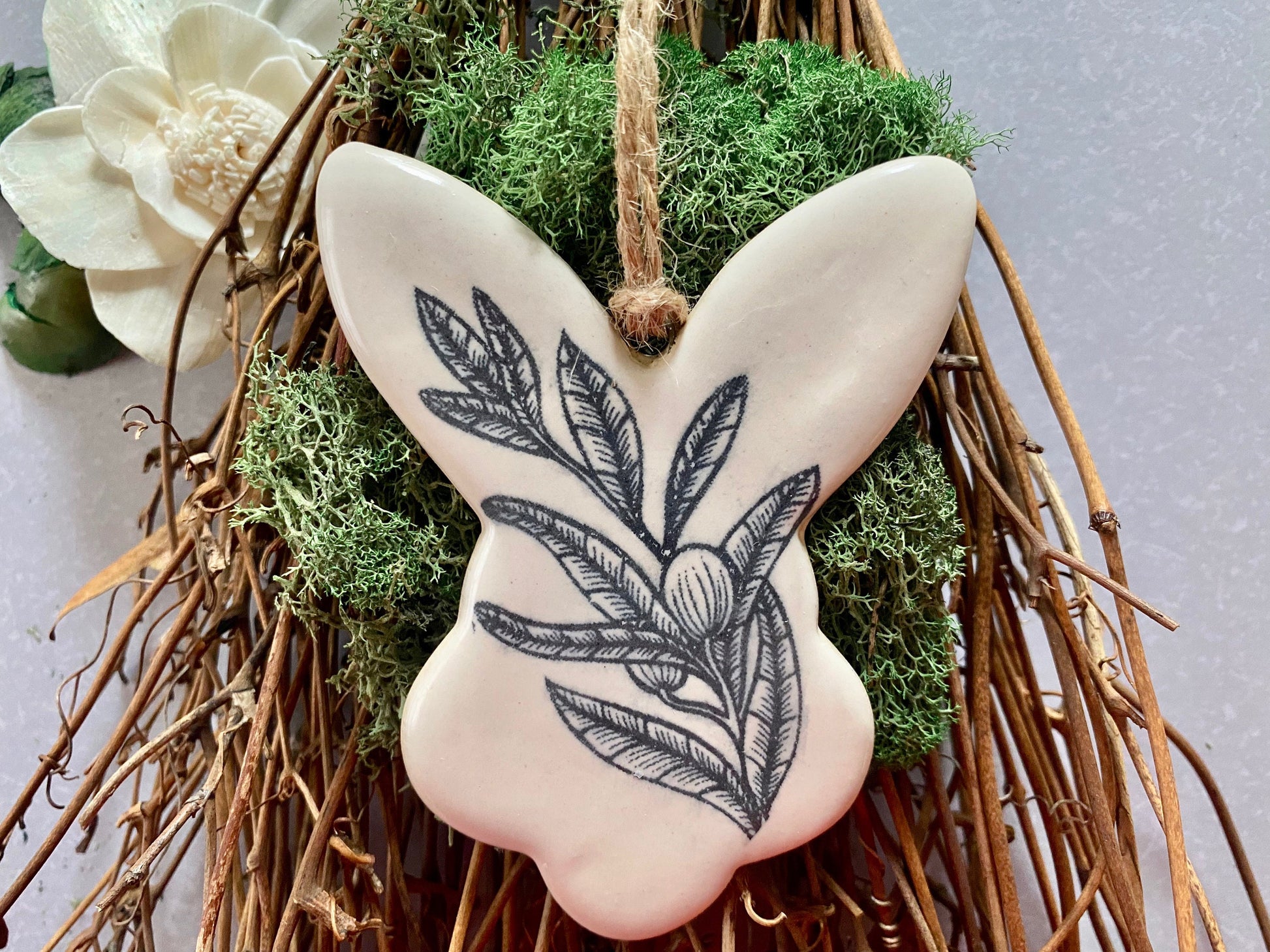 Handmade ceramic rabbit ornament. Ostara decoration. Easter bunny ornament. Black and white Easter wall hanging. Year of the Rabbit gift