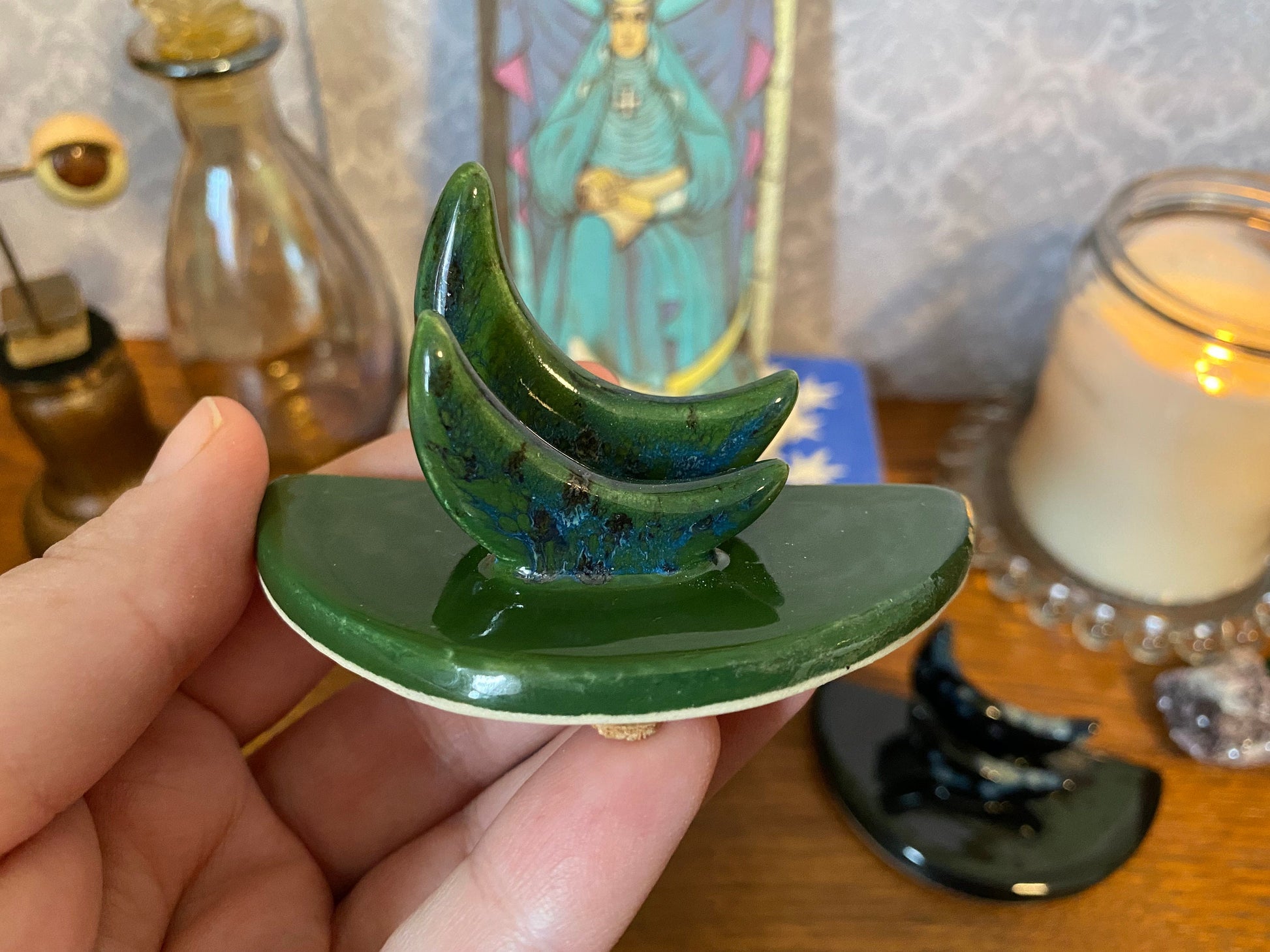 Handmade ceramic crescent moon tarot card holder. *SECONDS* Tarot stand for card of the day daily one card draw. Lunar witch altar decor