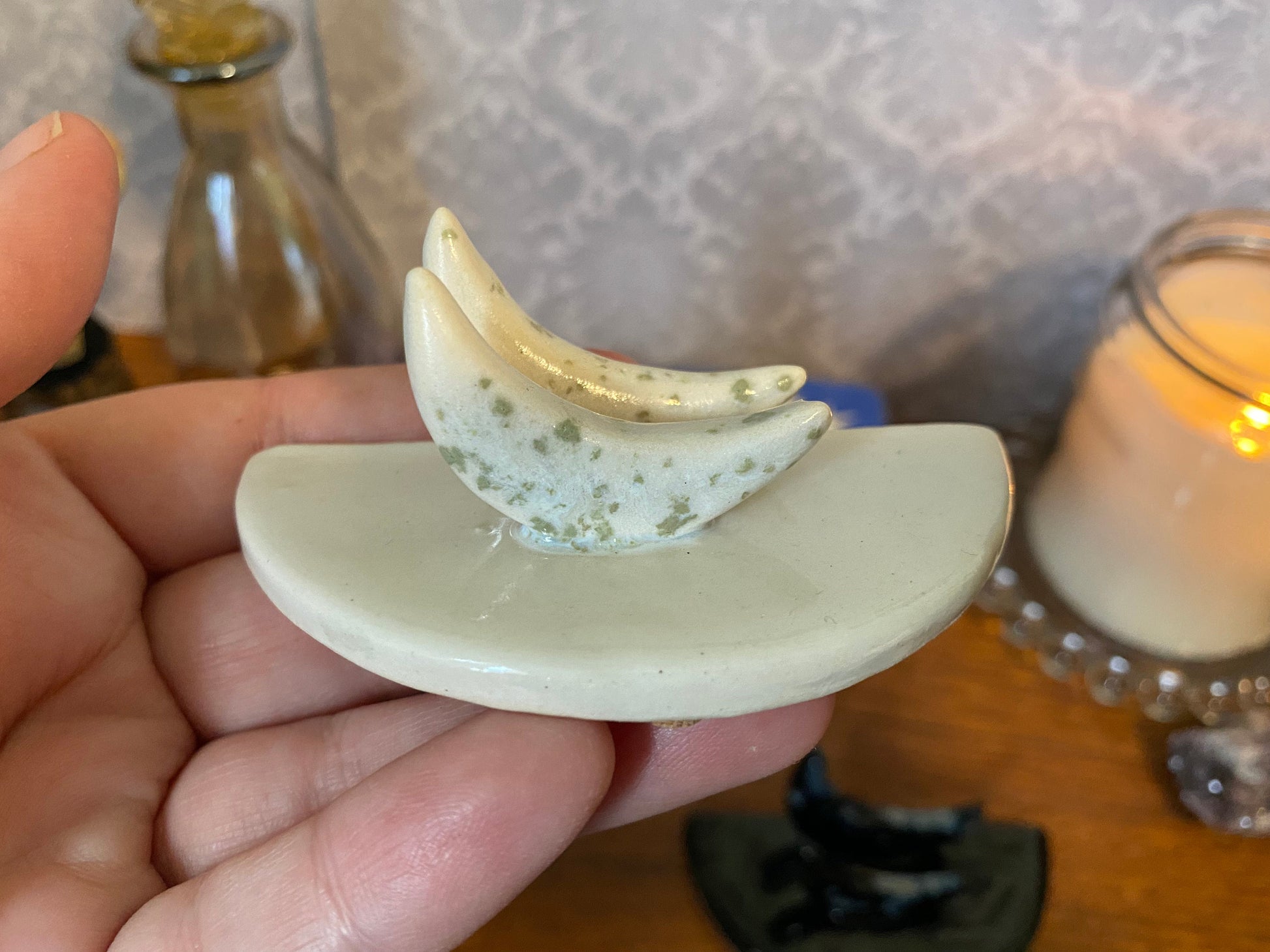 Handmade ceramic crescent moon tarot card holder. *SECONDS* Tarot stand for card of the day daily one card draw. Lunar witch altar decor