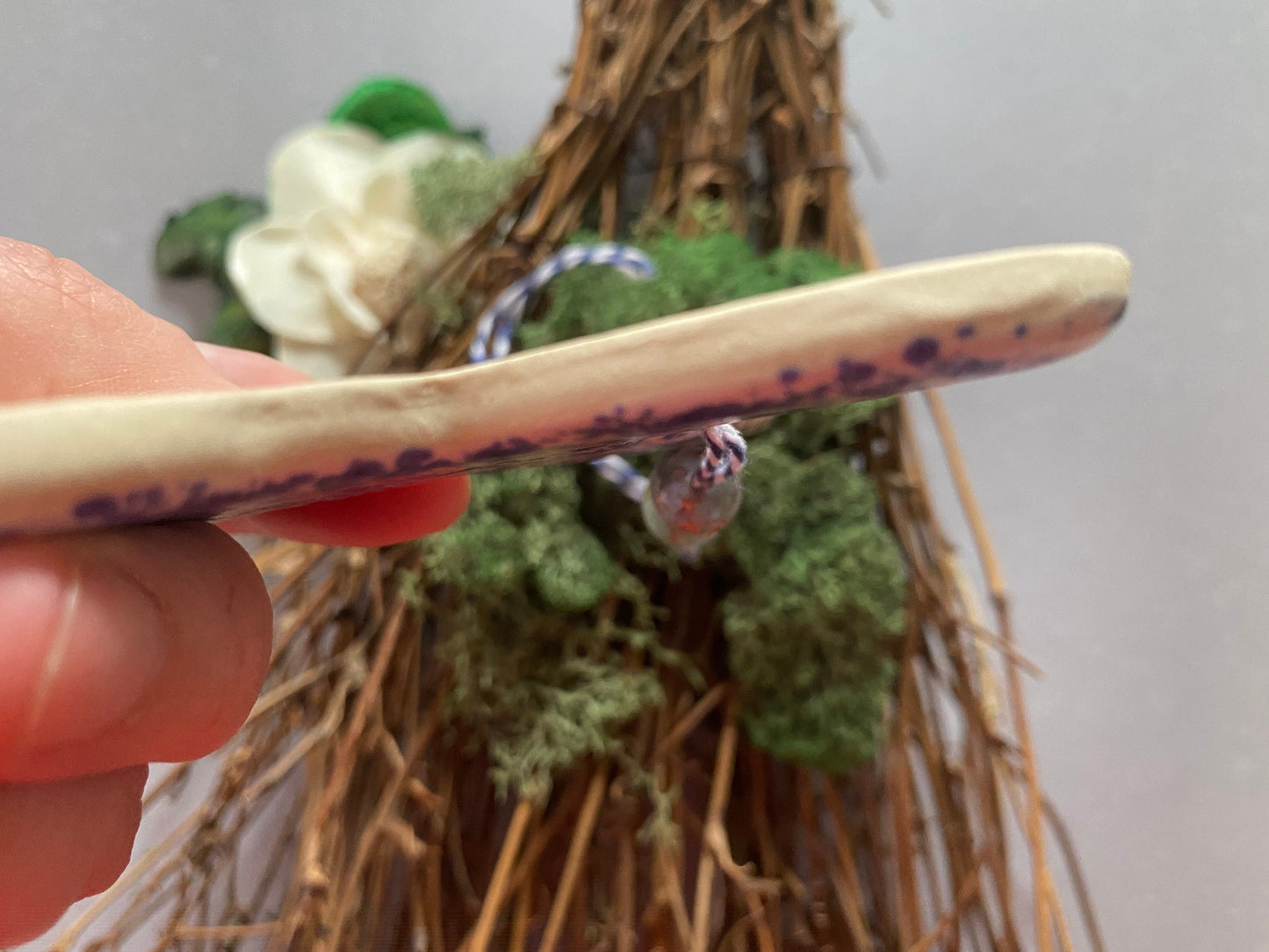 Handmade ceramic rabbit ornament. Ostara decoration. Easter bunny ornament. Blue white speckled Easter wall hanging. Year of the Rabbit gift