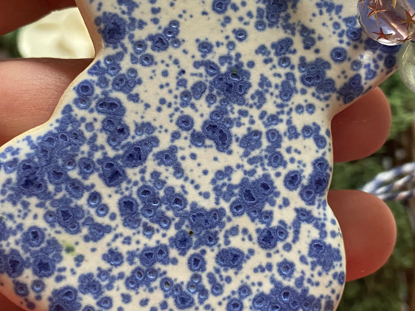 Handmade ceramic rabbit ornament. Ostara decoration. Easter bunny ornament. Blue white speckled Easter wall hanging. Year of the Rabbit gift