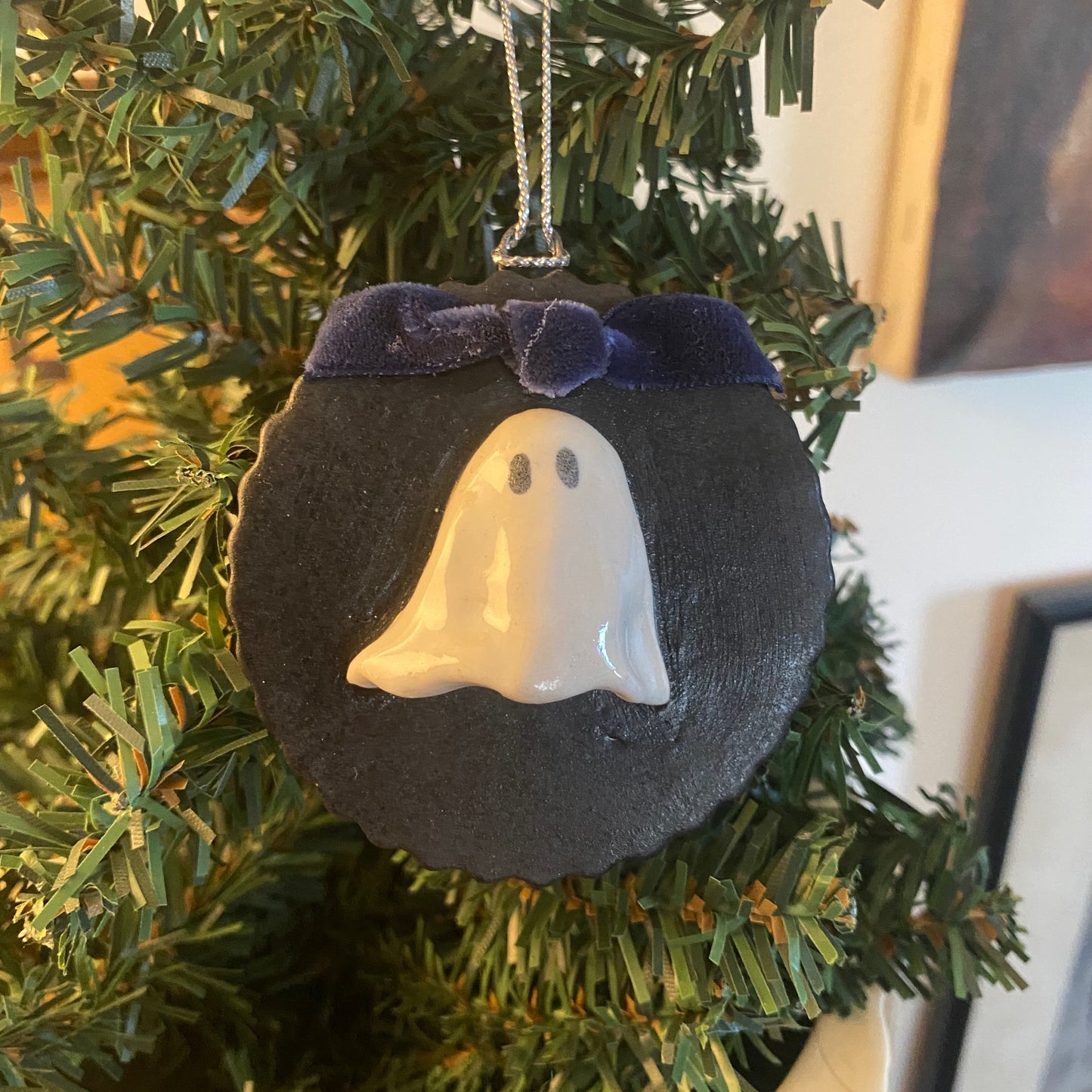 Handmade ceramic ghost portrait ornament