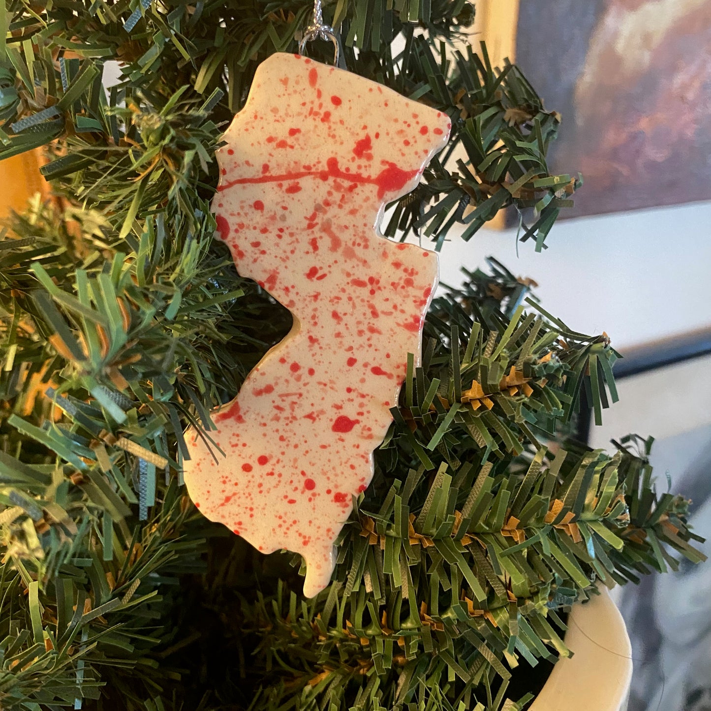 Handmade ceramic New Jersey blood spatter ornament