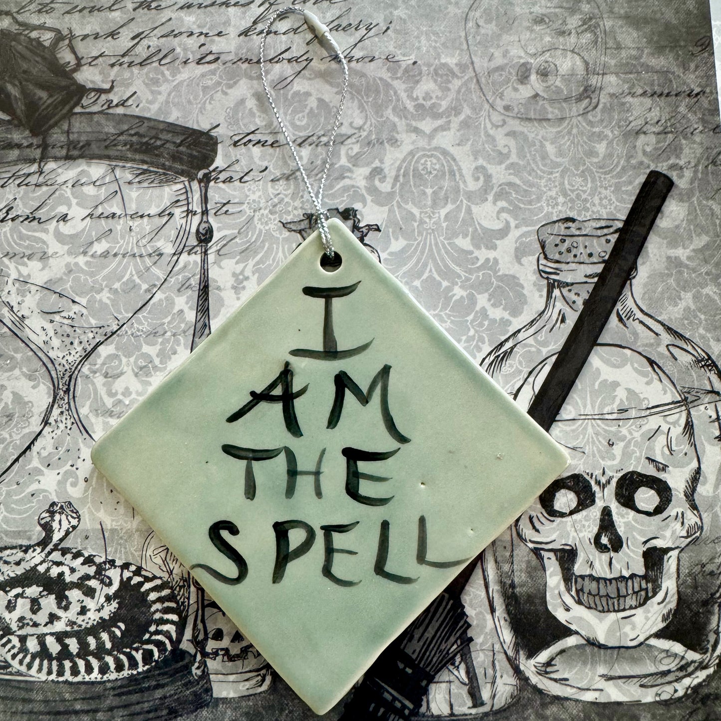 Handmade ceramic I Am the Spell wall hanging- grey blue