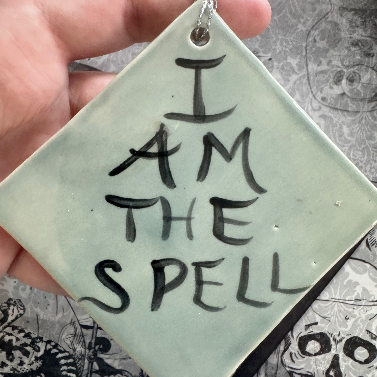 Handmade ceramic I Am the Spell wall hanging- grey blue