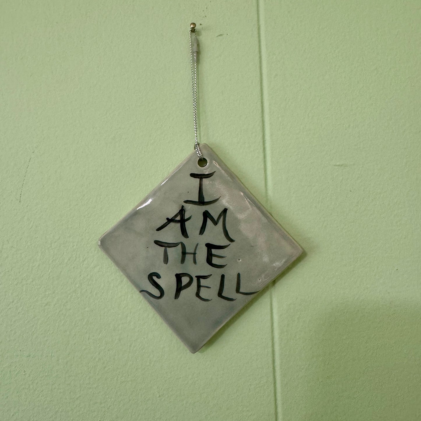 Handmade ceramic I Am the Spell wall hanging- grey blue