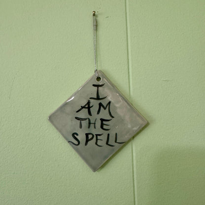 Handmade ceramic I Am the Spell wall hanging- grey blue