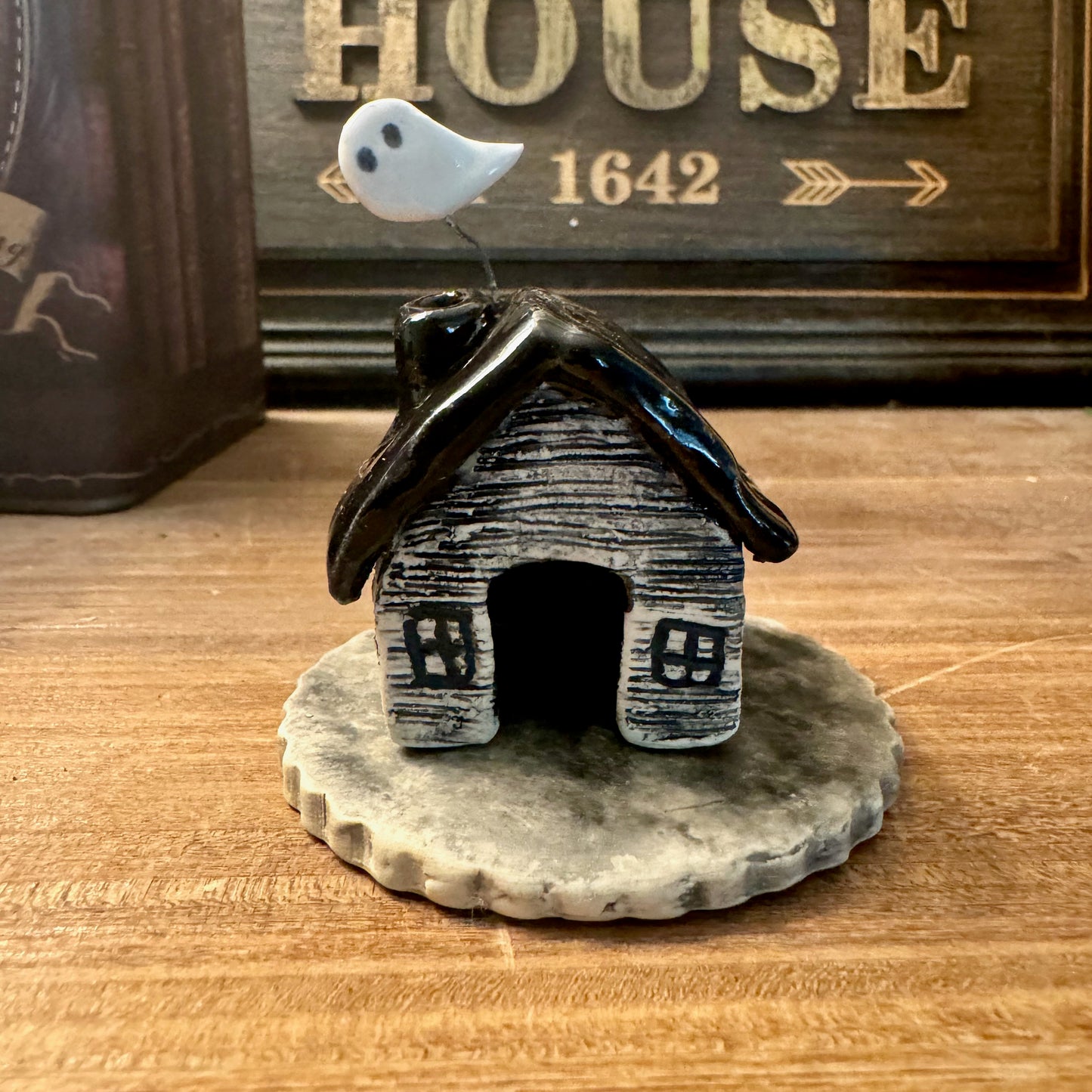 Ceramic haunted cabin incense burner