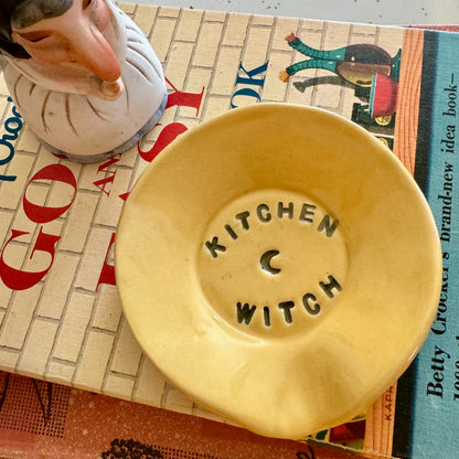 Handmade ceramic Kitchen Witch spoon rest - yellow