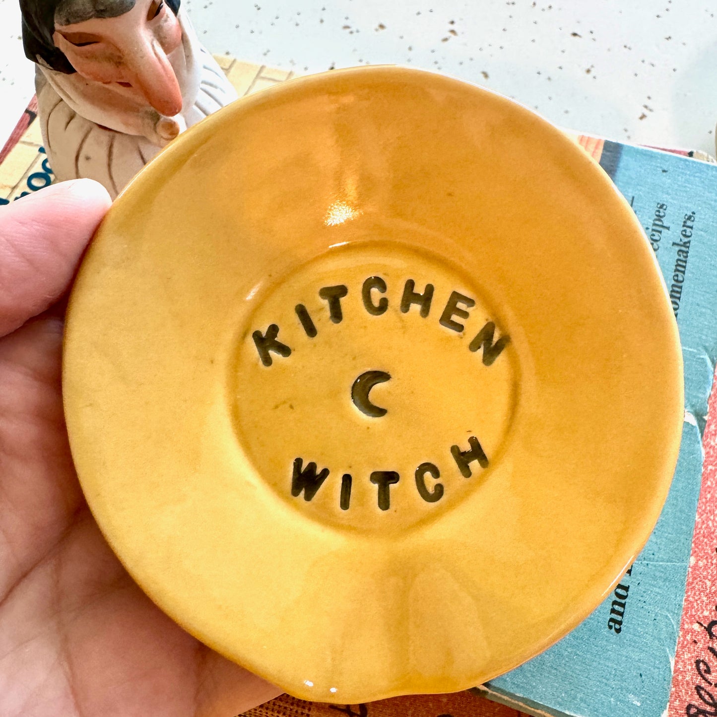 Handmade ceramic Kitchen Witch spoon rest - yellow