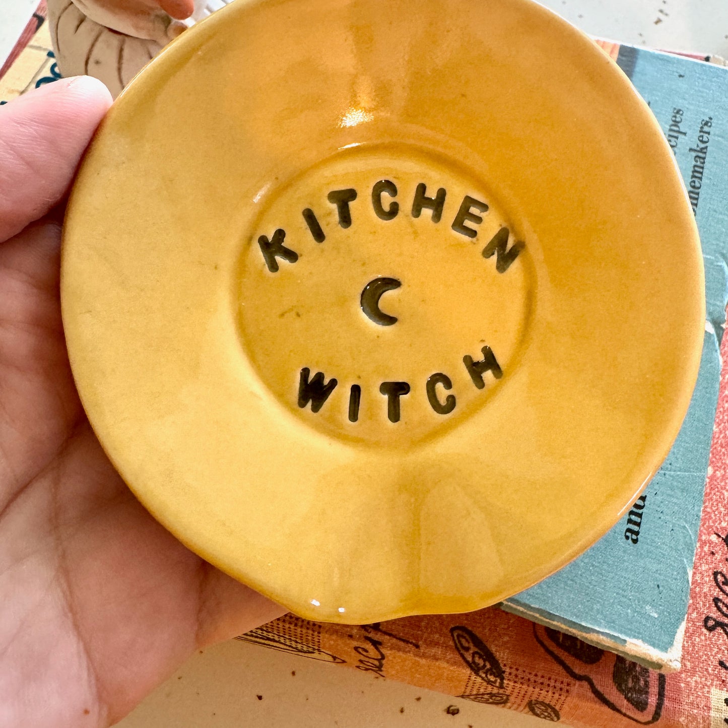 Handmade ceramic Kitchen Witch spoon rest - yellow