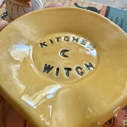 Handmade ceramic Kitchen Witch spoon rest - yellow