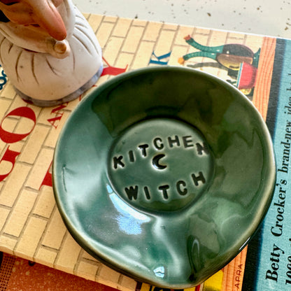 Handmade ceramic Kitchen Witch spoon rest - blue