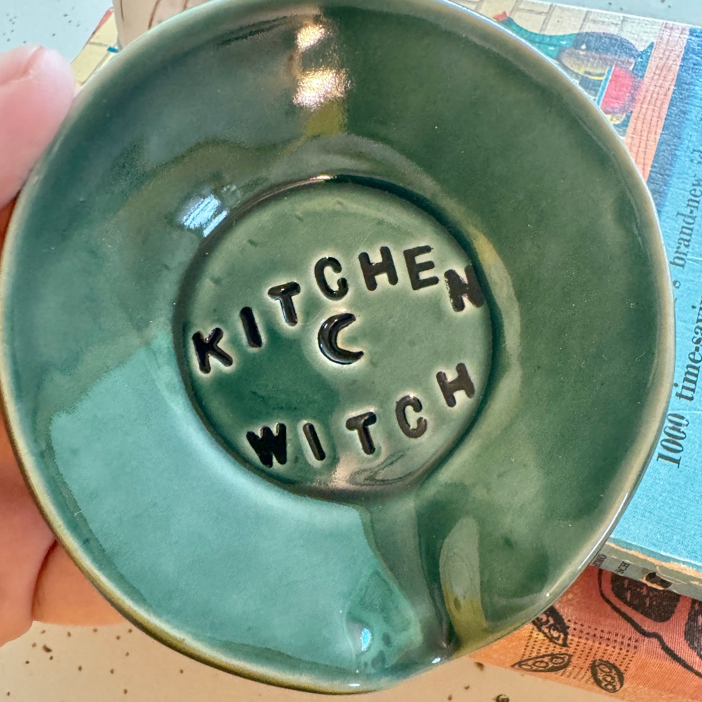 Handmade ceramic Kitchen Witch spoon rest - blue