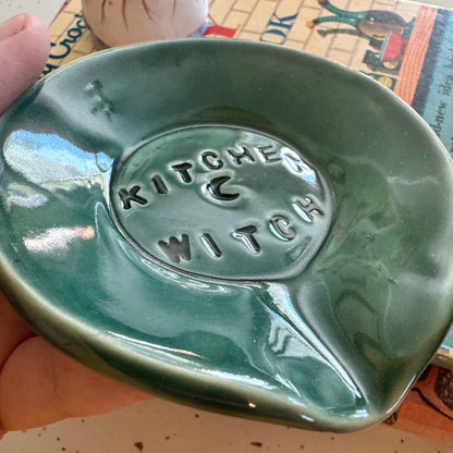 Handmade ceramic Kitchen Witch spoon rest - blue