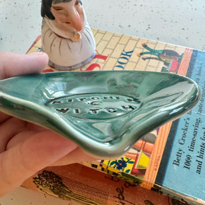 Handmade ceramic Kitchen Witch spoon rest - blue