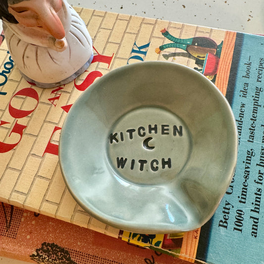 Handmade ceramic Kitchen Witch spoon rest - light grey blue