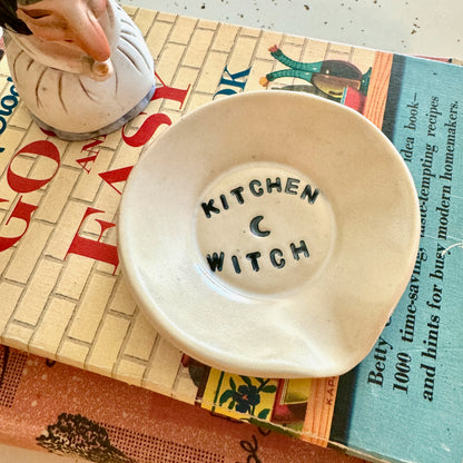 Handmade ceramic Kitchen Witch spoon rest - white