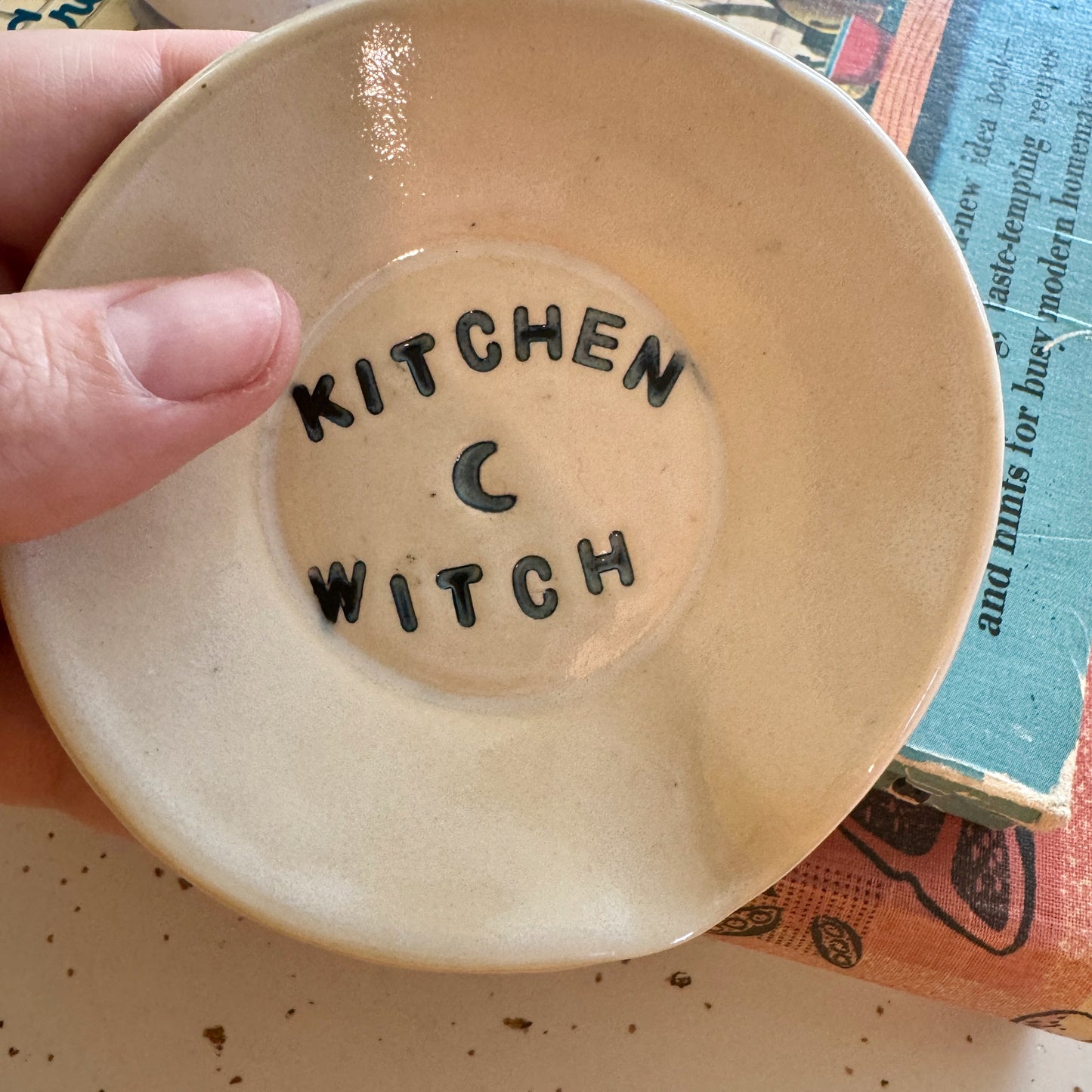 Handmade ceramic Kitchen Witch spoon rest - white