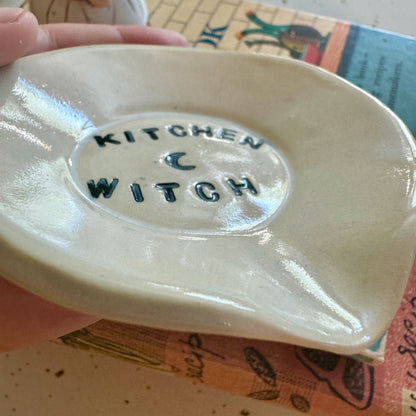 Handmade ceramic Kitchen Witch spoon rest - white