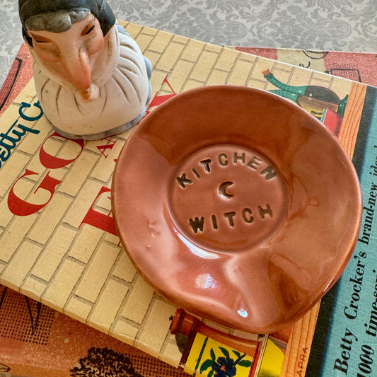 Handmade ceramic Kitchen Witch spoon rest - red orange