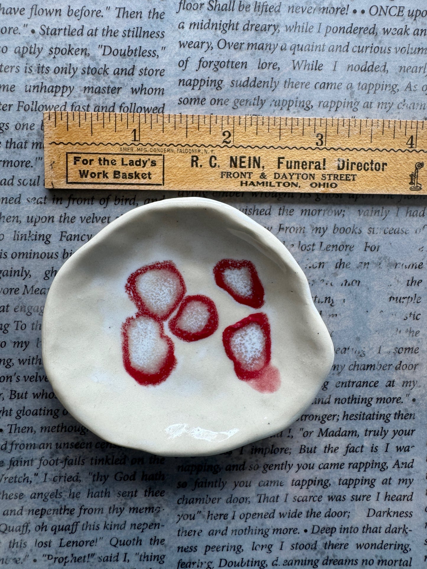 Handmade ceramic bloodspot trinket dish 01