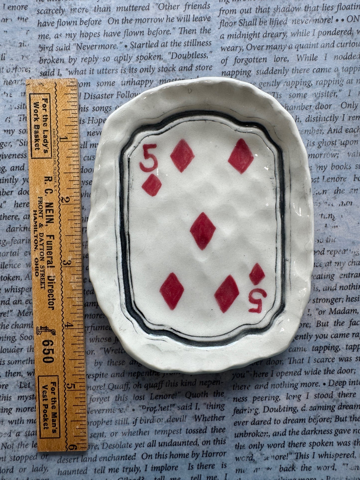 Ceramic five of diamonds playing card trinket dish