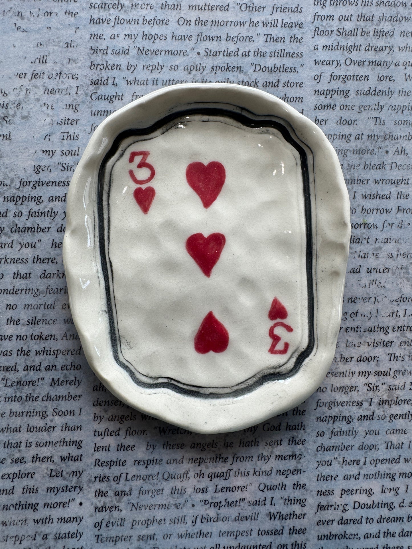 Ceramic three of hearts playing card trinket dish