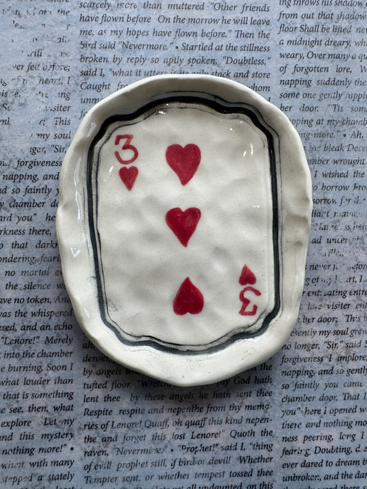 Ceramic three of hearts playing card trinket dish