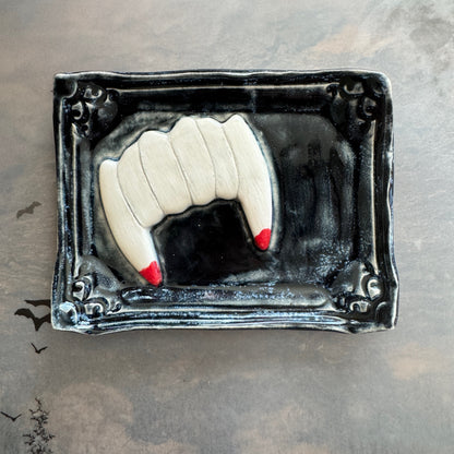 Handmade ceramic vampire teeth curio tray trinket dish