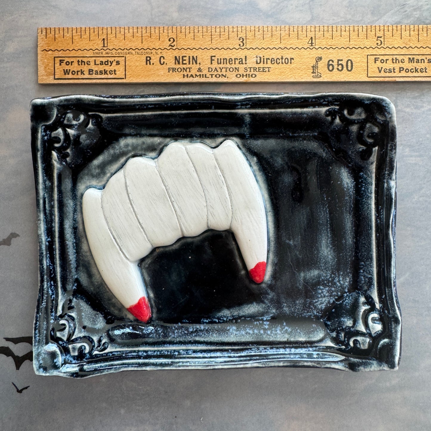 Handmade ceramic vampire teeth curio tray trinket dish