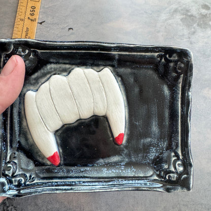 Handmade ceramic vampire teeth curio tray trinket dish