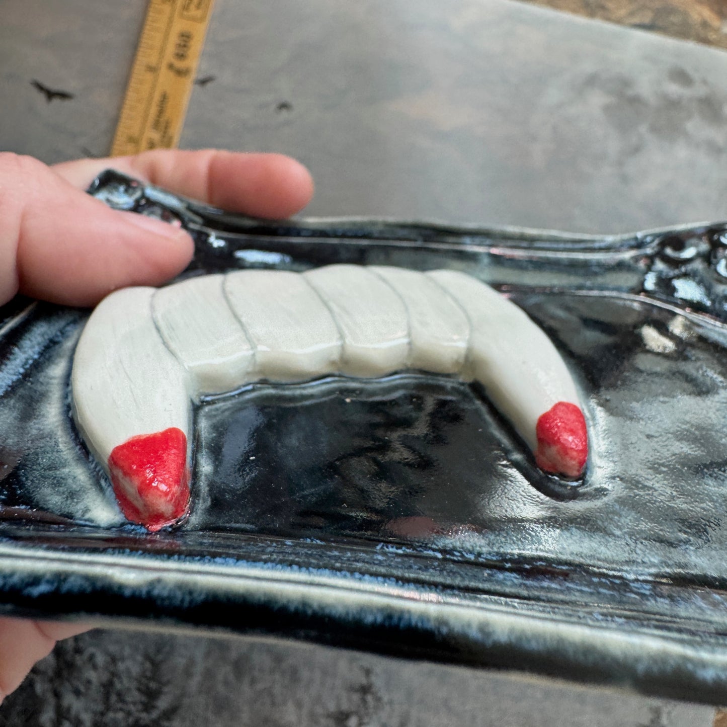 Handmade ceramic vampire teeth curio tray trinket dish