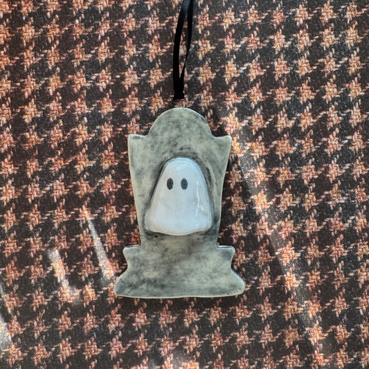 Handmade ceramic ghost on a tombstone ornament- Karla