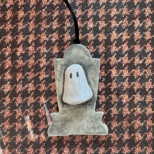 Handmade ceramic ghost on a tombstone ornament- Arlene