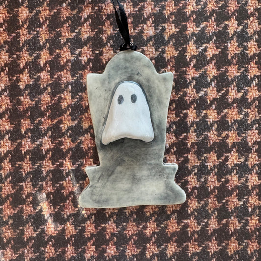 Handmade ceramic ghost on a tombstone ornament- Leon